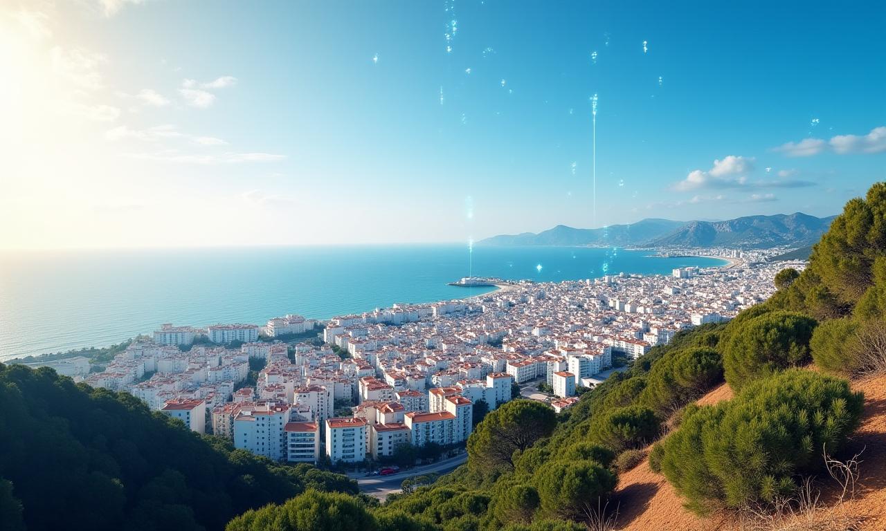 Vista panorámica de una ciudad costera española con una superposición gráfica de señales de red.